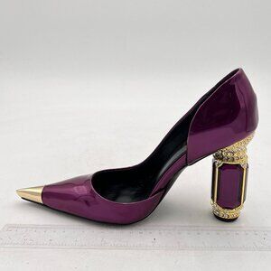 FSJ Purple  D'Orsay Graceful Pumps Gilded Pointed Toe Crystal Chunky Block High